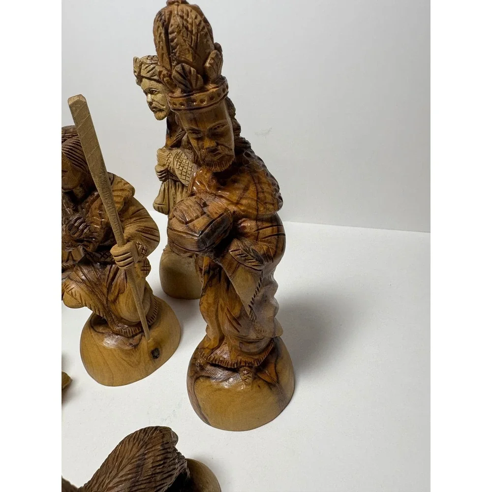 Vintage Hand Carved Olive Wood Nativity 10 Piece Set Christmas Creche Figures